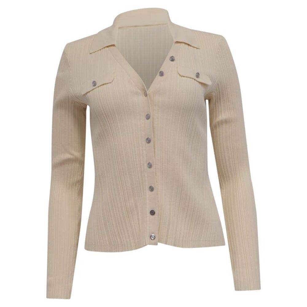 Maje Collared Ribbed-Knit Cardigan in Cream Viscose